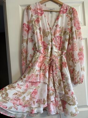 Ever New White Floral Wrap Dress with Pink Roses